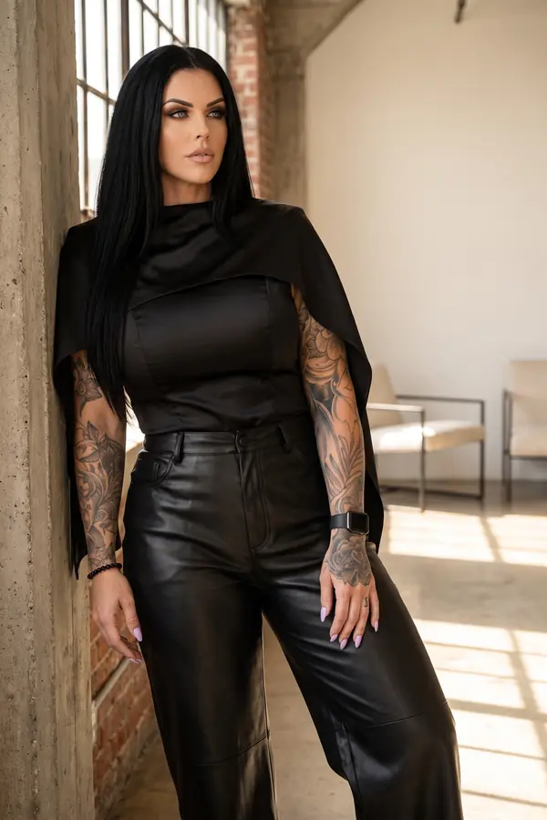 Woman in a black satin cape-shoulder top and black leather trousers leaning on a concrete column in a brick loft