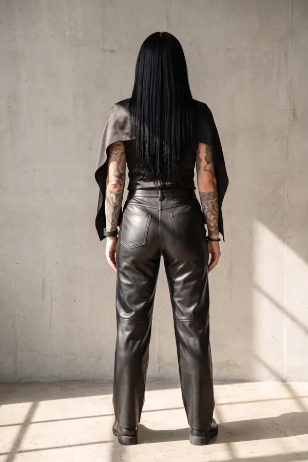 back & profile: Satin cape-shoulder top with black leather trousers