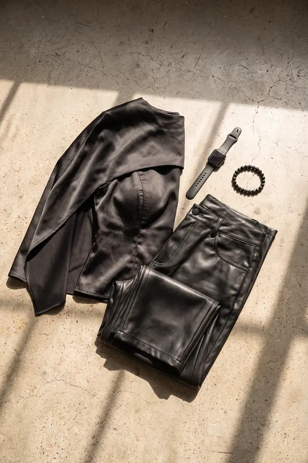 still life: Satin cape-shoulder top with black leather trousers