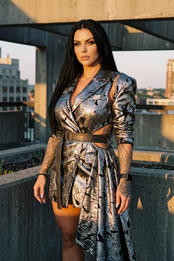 Woman in a silver metallic brocade blazer dress with a black leather belt and asymmetric skirt on a rooftop at sunset