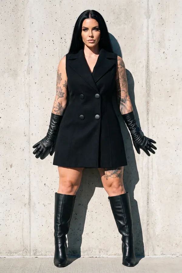 Woman in a sleeveless double-breasted black wool coat dress with long leather gloves and knee boots against a concrete wall