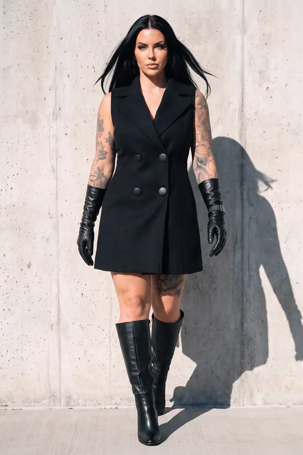 in motion: Sleeveless black wool coat dress with leather opera gloves