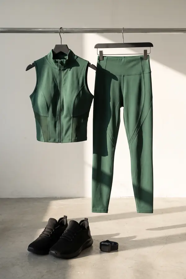still life: Sleeveless green zip-front training top and leggings