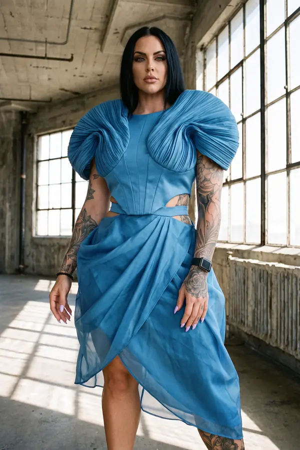 Woman in a steel blue corset dress with pleated fan shoulders and a draped chiffon skirt in an empty industrial loft
