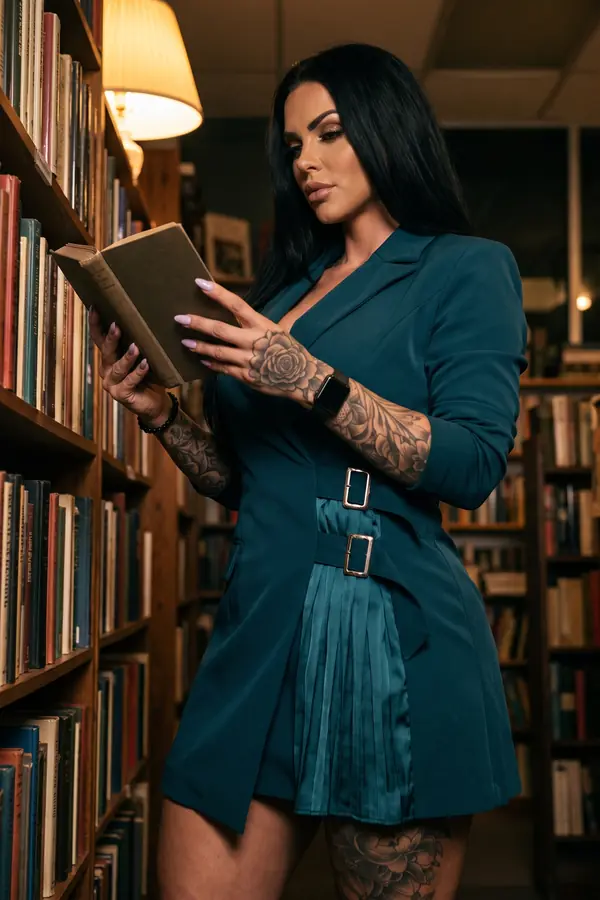 Woman in a teal blazer dress with a pleated satin panel and gold buckles reading a book in a bookshop