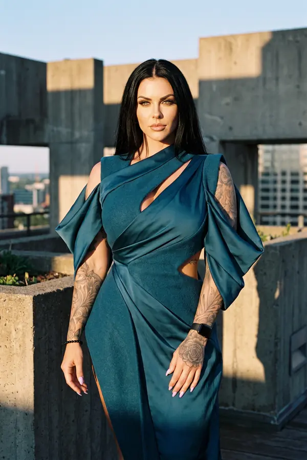 Woman in a teal draped satin and wool dress with cold-shoulder sleeves and a high slit on a concrete rooftop at sunset