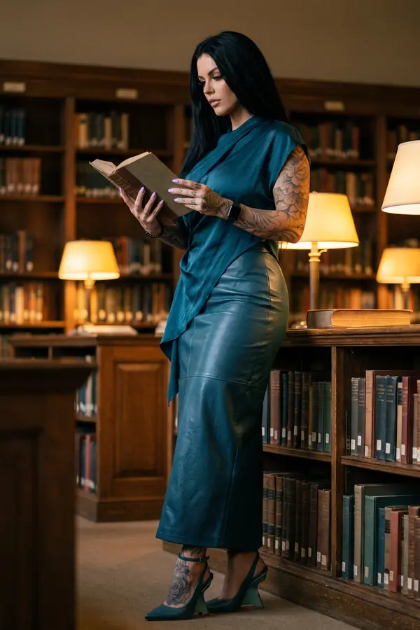 Woman in a teal draped satin top and teal leather pencil skirt reading in a lamplit library