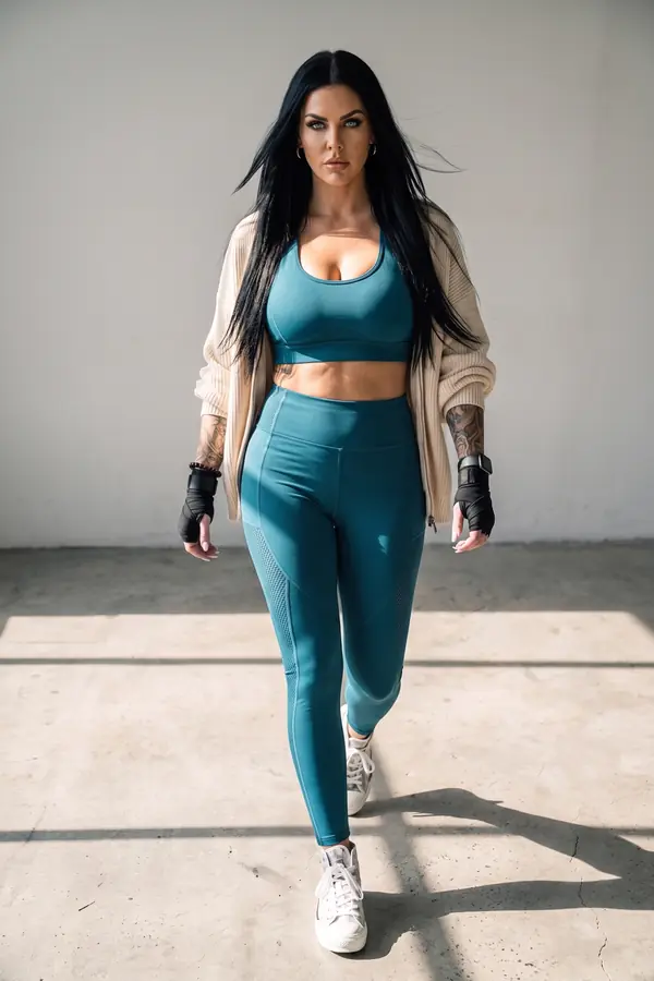 in motion: Teal mesh-panel sports set with an oversized cream cardigan