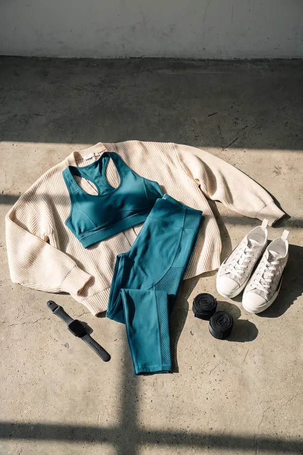 still life: Teal mesh-panel sports set with an oversized cream cardigan