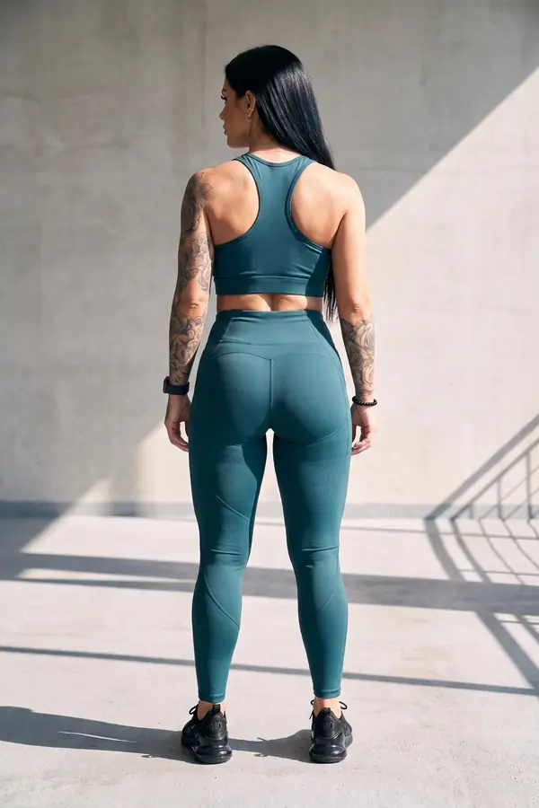 back & profile: Teal racerback crop top and leggings on a rooftop track