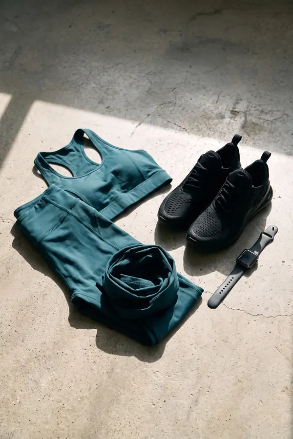 still life: Teal racerback crop top and leggings on a rooftop track