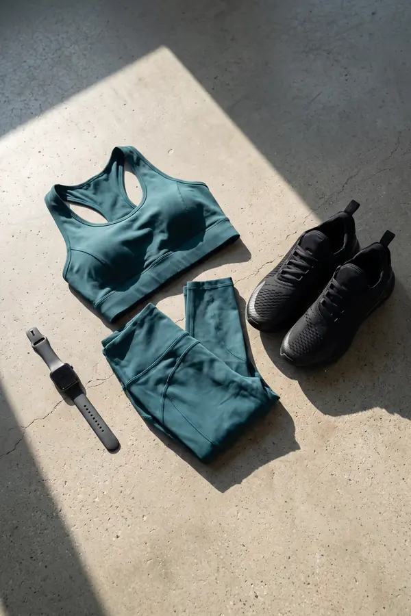 still life: Teal racerback crop top and leggings on a rooftop track
