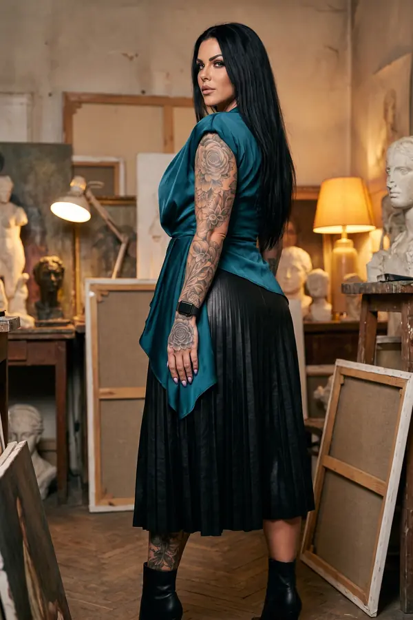 Woman seen from behind in a teal satin draped top and black pleated leather midi skirt in a studio full of plaster busts