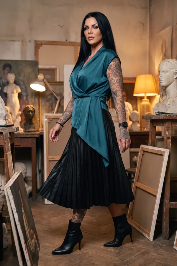 in motion: Teal satin draped top with a pleated leather midi skirt