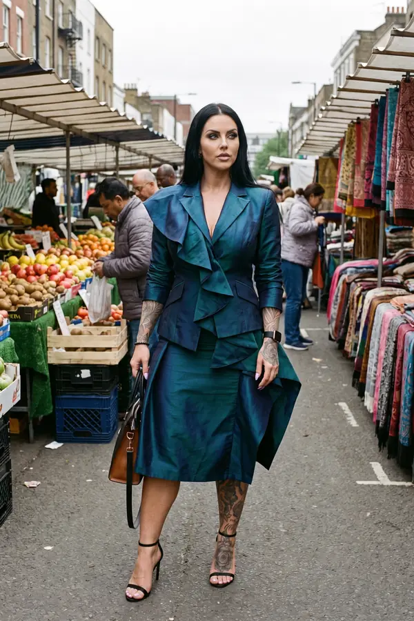 Woman in an iridescent teal shantung blazer with a ruffle front and matching pencil skirt walking through a street market