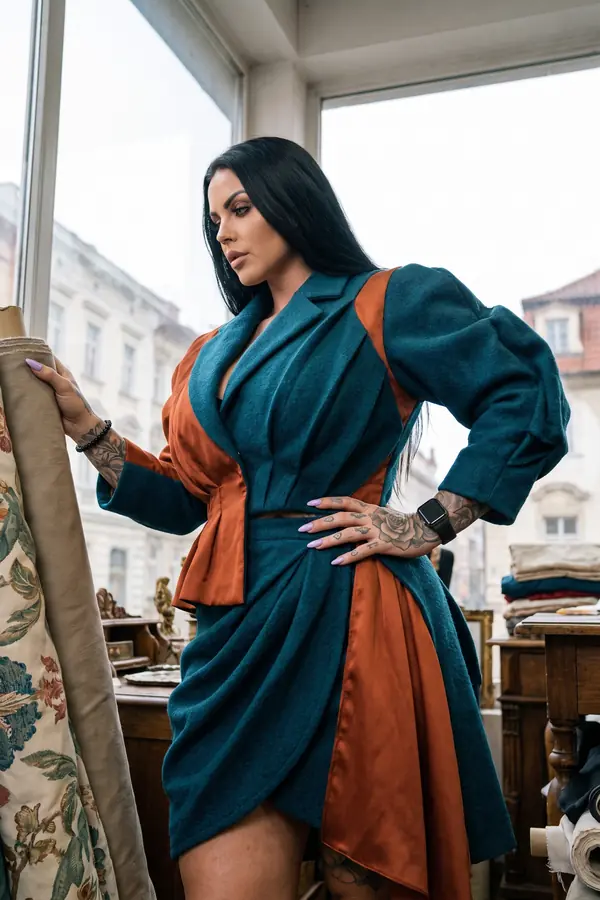 Woman in a cropped teal wool jacket with rust satin panels and a draped teal skirt in an antiques shop by a tall window