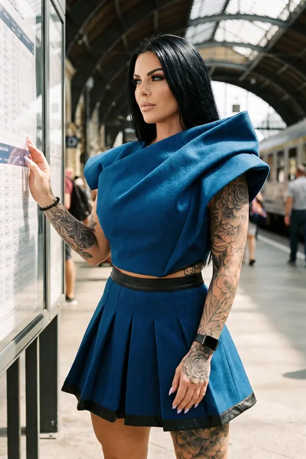 Woman in a teal wool cowl crop top and pleated mini skirt with black leather trim reading a timetable on a station platform