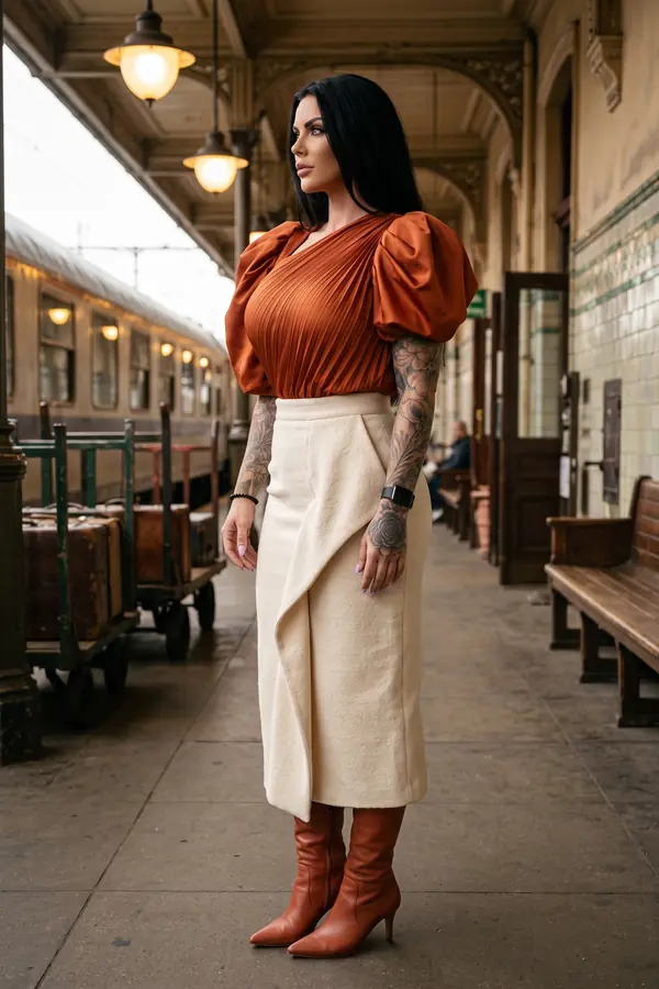 Woman in a terracotta pleated puff-sleeve top, cream wool wrap pencil skirt and cognac knee boots on a station platform