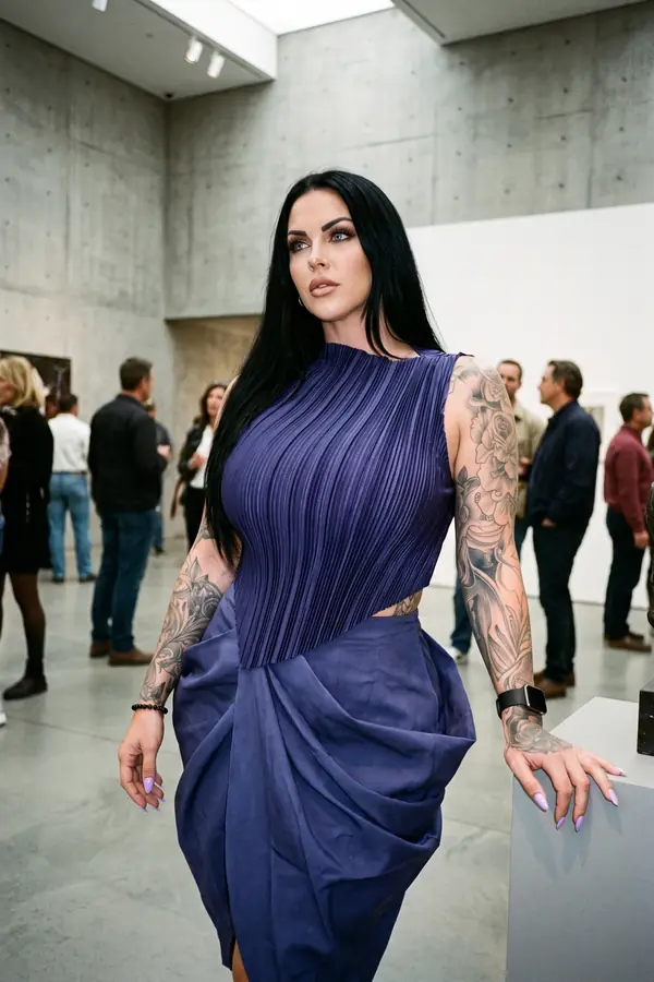 Woman in a violet dress with a pleated bodice and draped skirt leaning on a plinth in a concrete gallery
