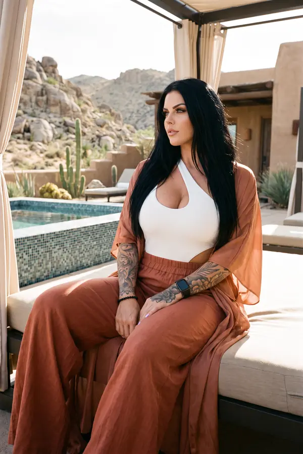 Woman in a white halter bodysuit, rust linen trousers and a rust chiffon kimono seated in a cabana by a desert pool