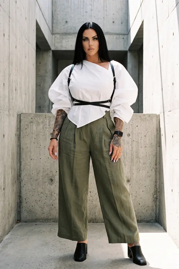 Woman in a white balloon-sleeve blouse with a black leather shoulder-strap belt and olive linen wide-leg trousers in a concrete courtyard