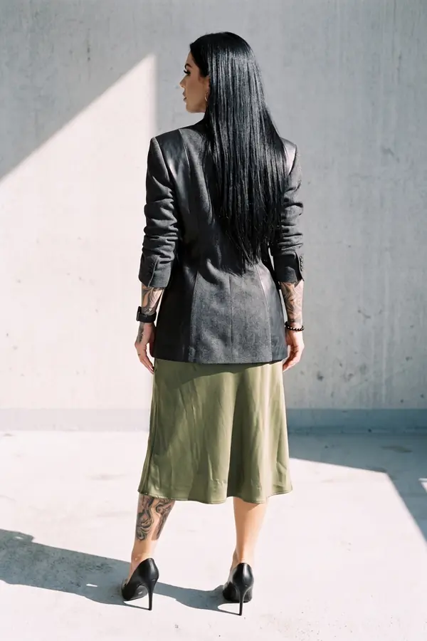 back & profile: Wool and leather patchwork blazer with an olive satin skirt