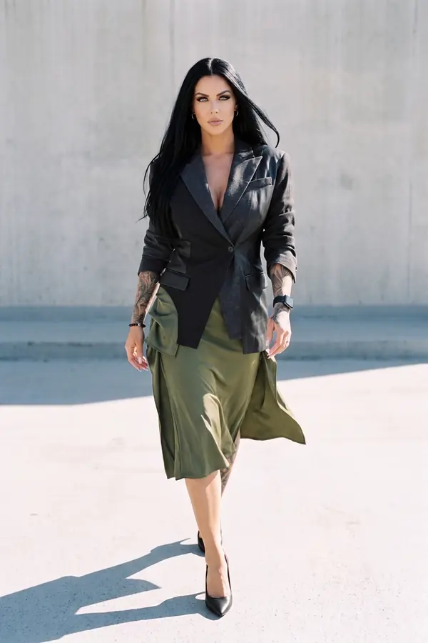 in motion: Wool and leather patchwork blazer with an olive satin skirt