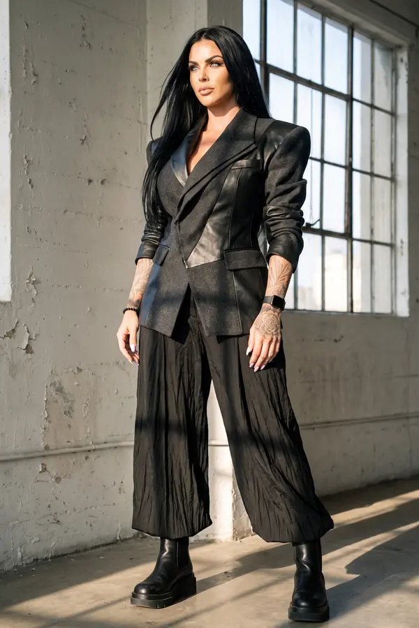 Woman in a charcoal wool and black leather blazer, black crinkled balloon trousers and chelsea boots by a loft window