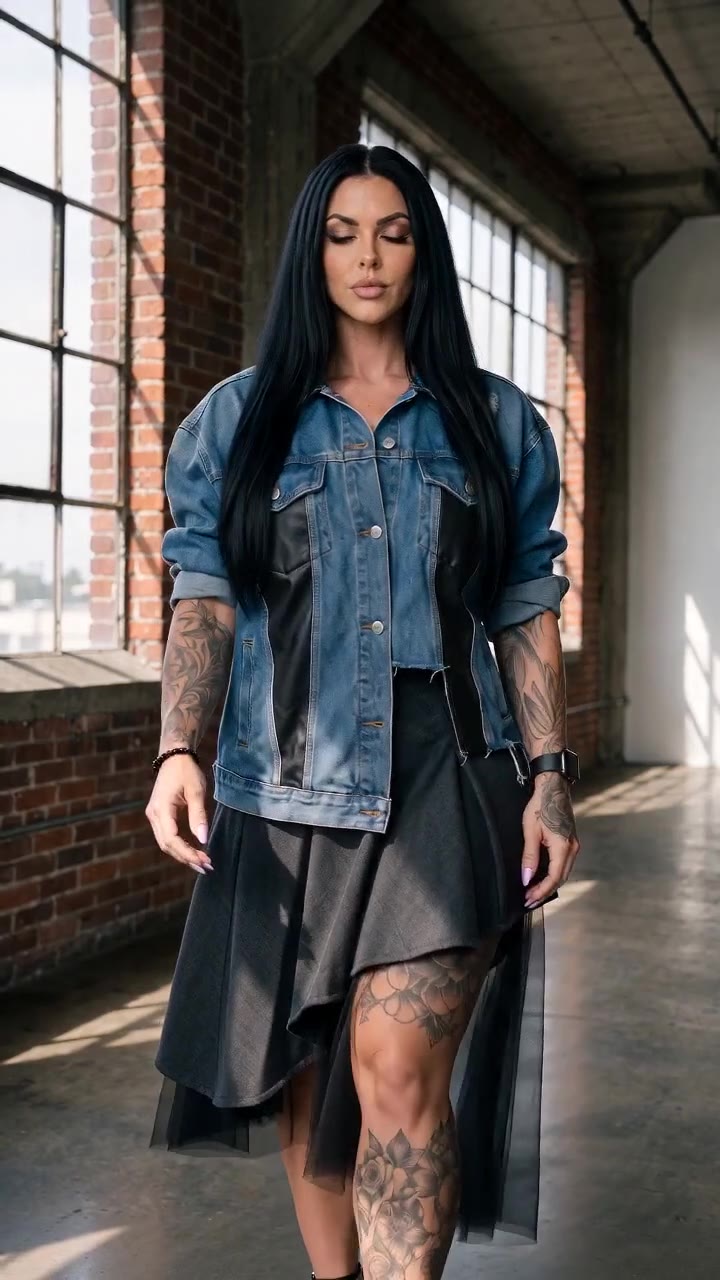 in motion: Leather-panel denim jacket and asymmetric wool skirt