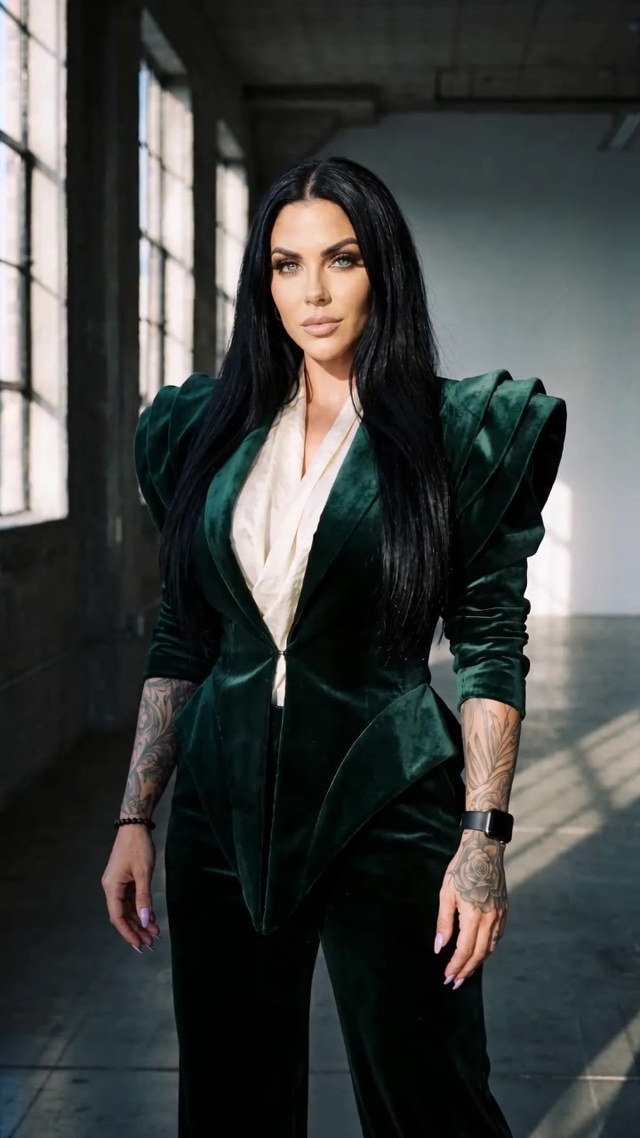 in motion: Green velvet suit with sculpted shoulders and ivory blouse