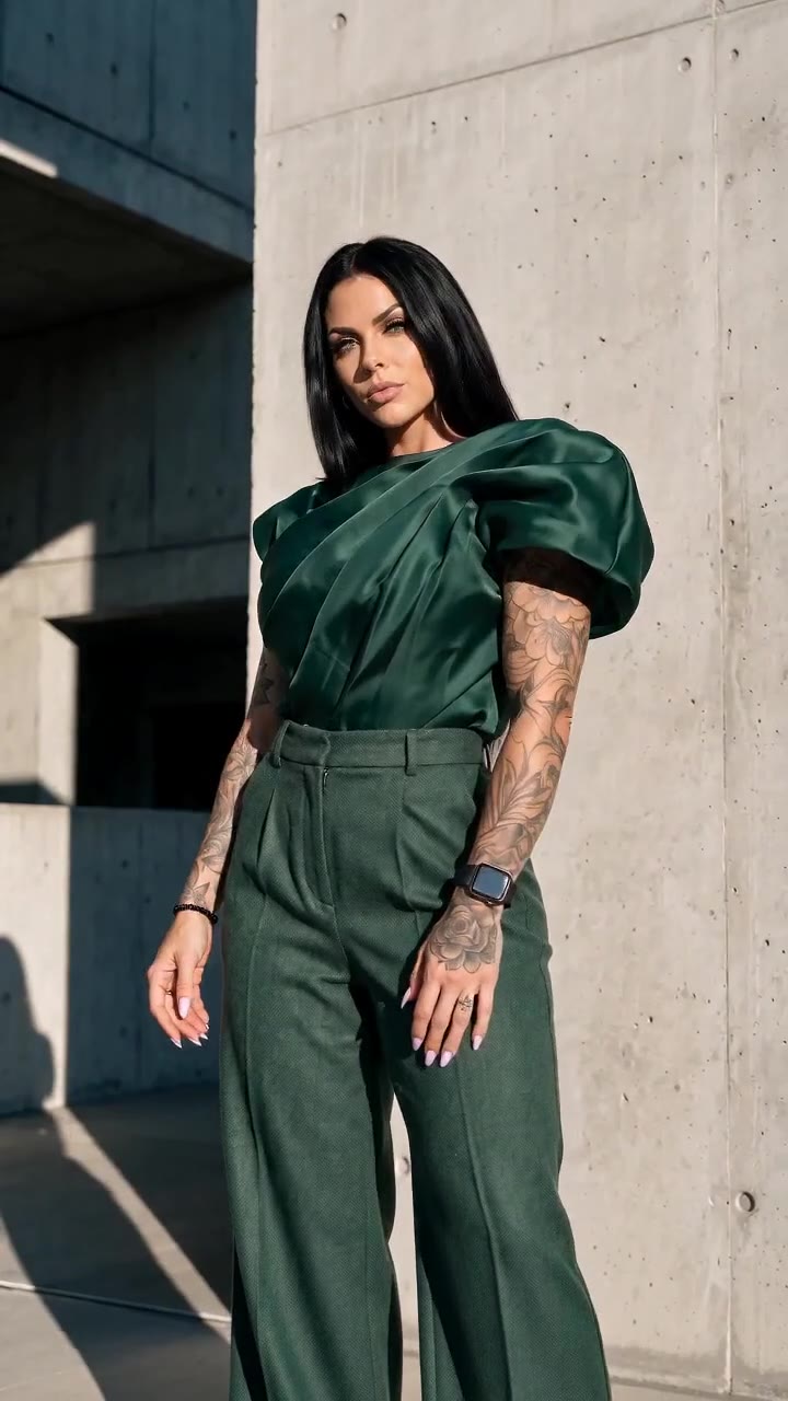 in motion: Green satin draped top with wide-leg wool trousers
