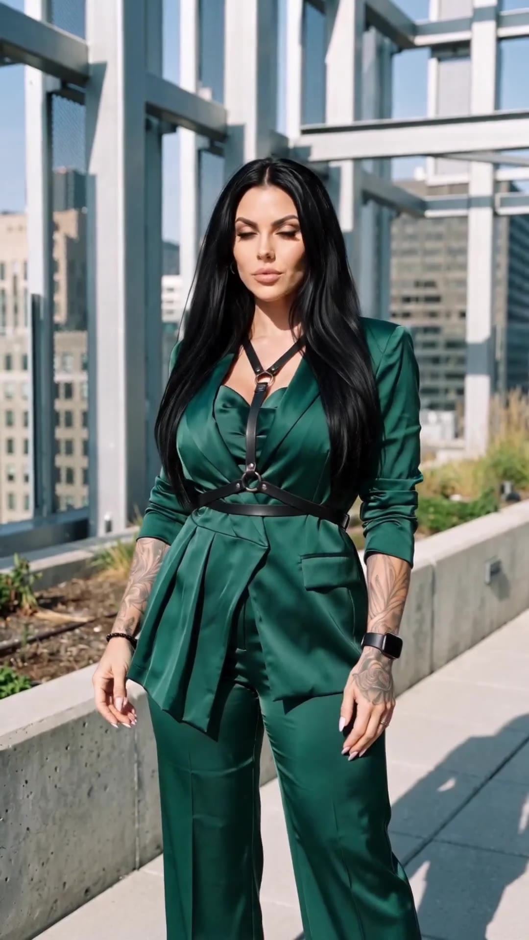 in motion: Emerald satin suit with pleated peplum and O-ring strap belt