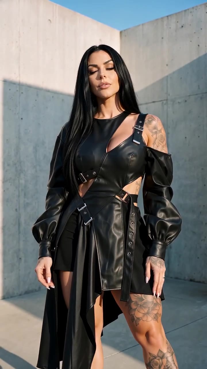 in motion: Buckled leather mini dress with balloon sleeves and train