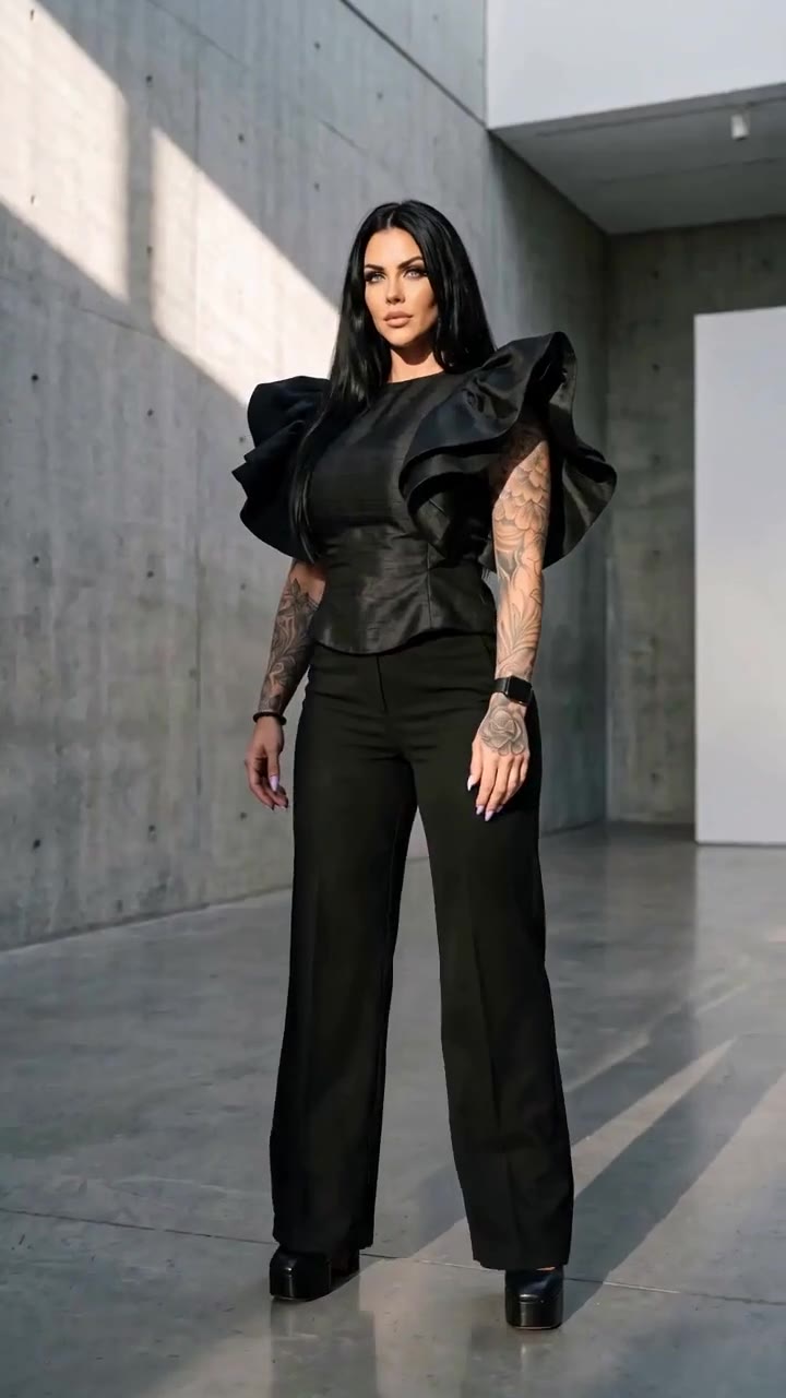 in motion: Black shantung ruffle-shoulder top with wide-leg trousers