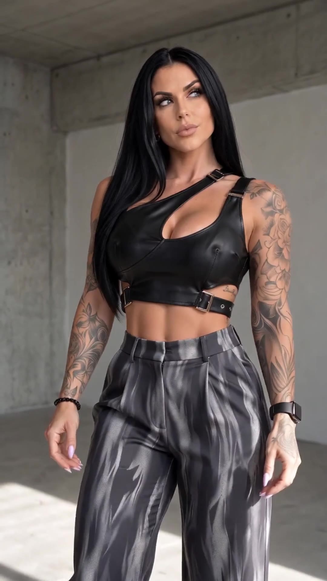 in motion: Leather buckle crop top with marbled grey wide-leg trousers