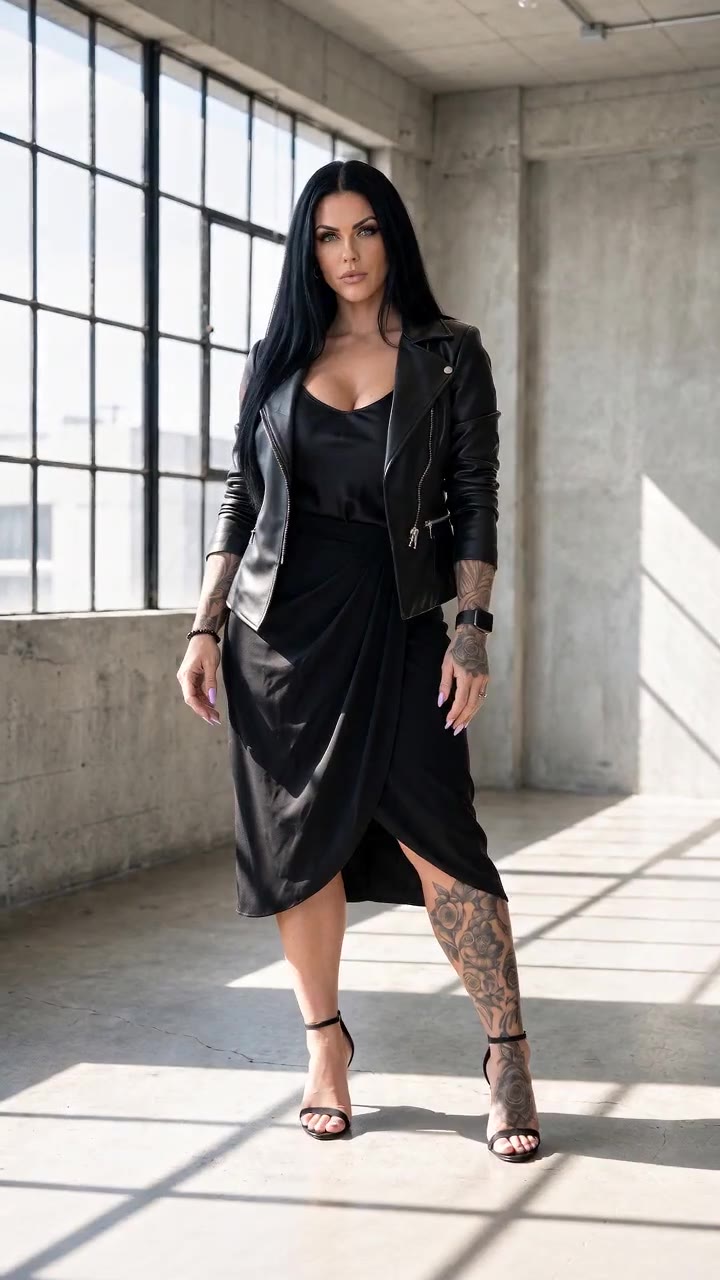 in motion: Leather biker jacket with satin cami and draped wrap skirt