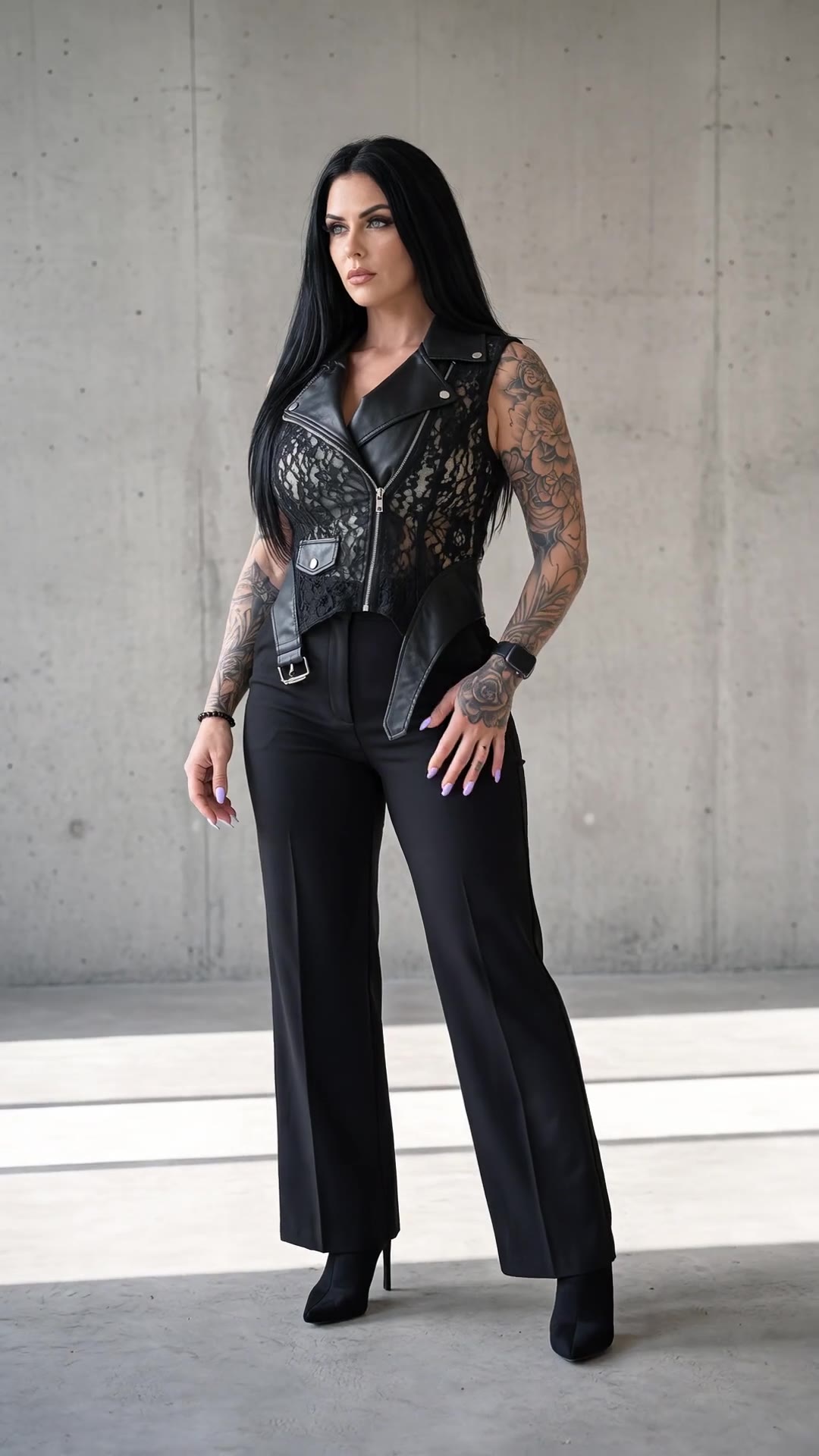 in motion: Lace and leather biker vest with black wide-leg trousers