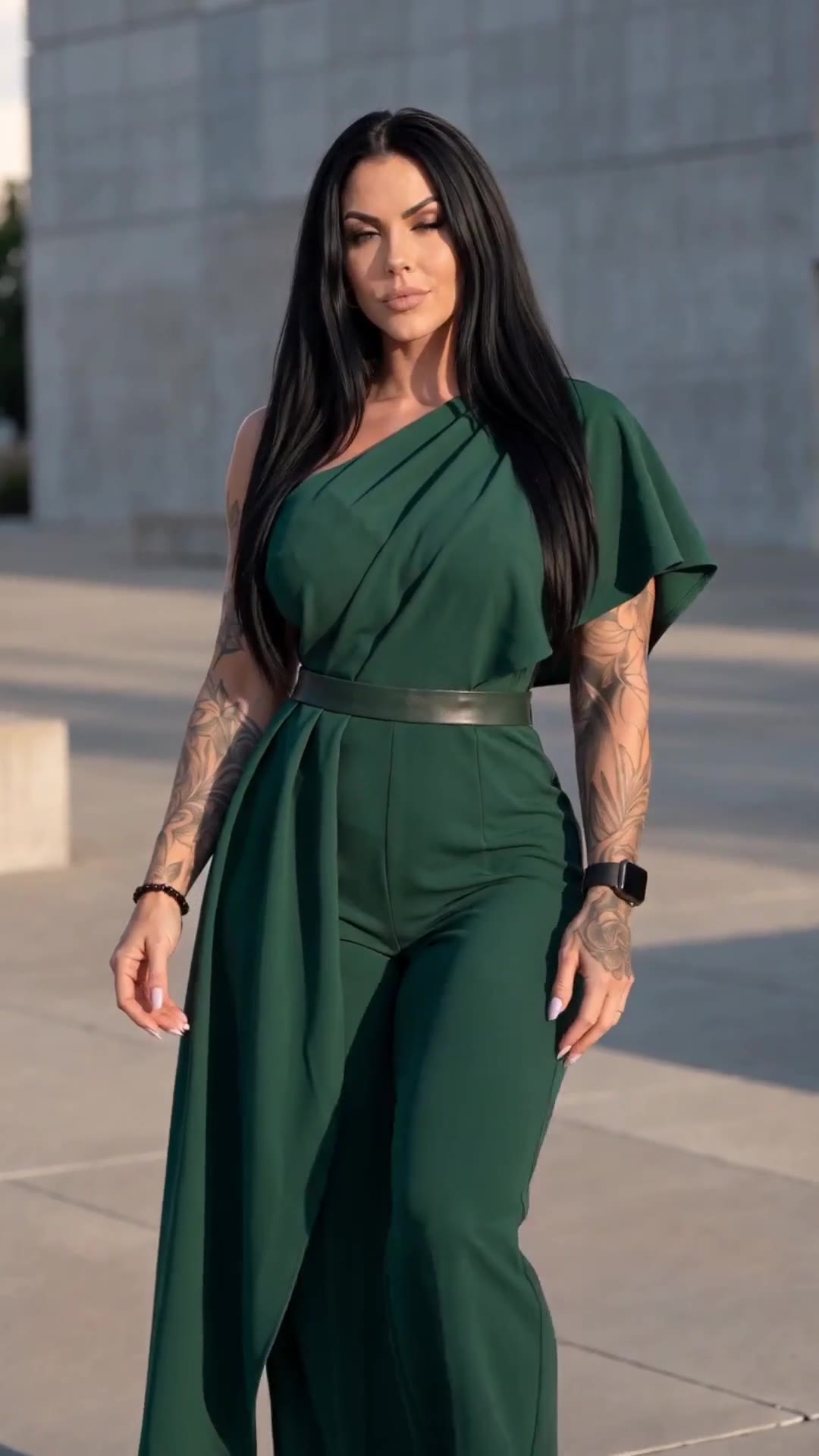 in motion: Forest green one-shoulder jumpsuit with draped cape panel