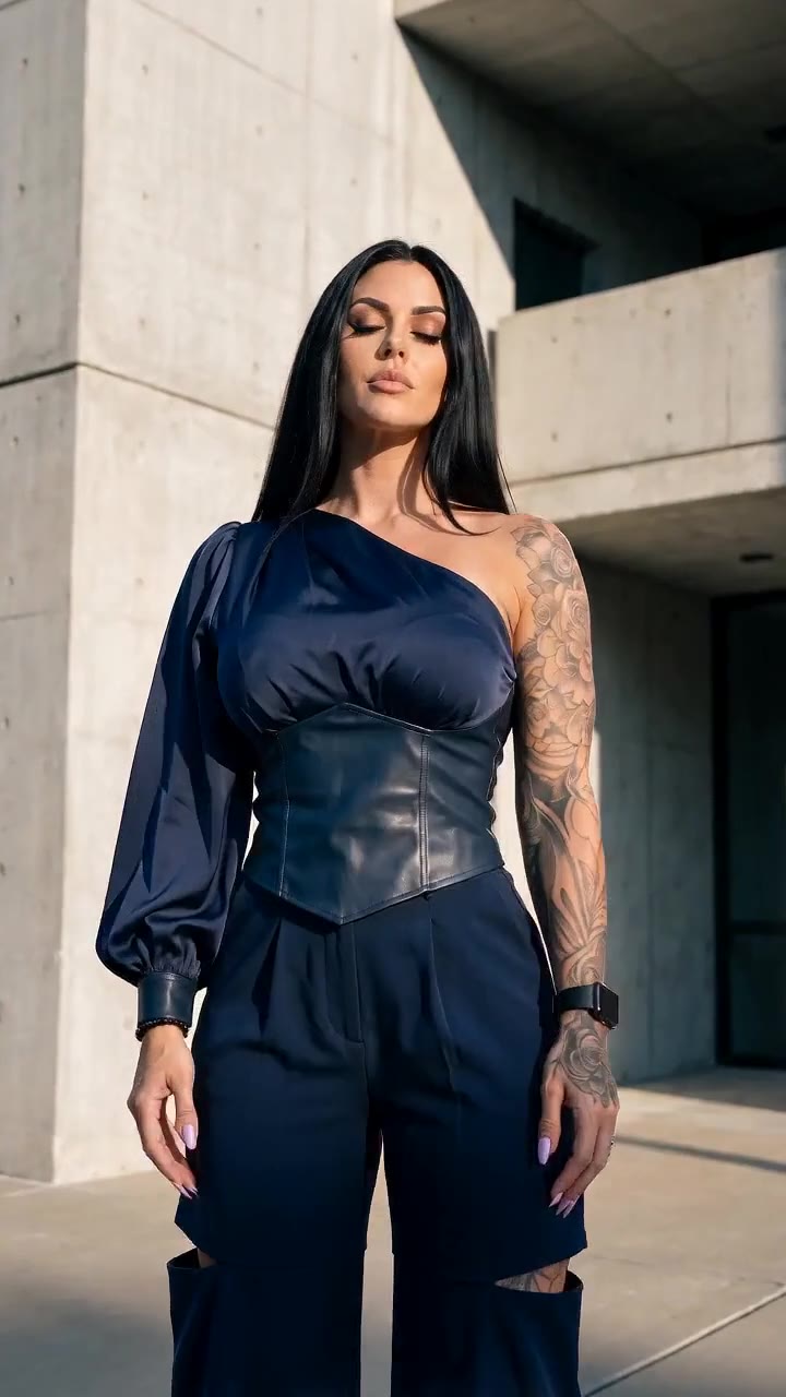 in motion: Navy one-shoulder corset top and cut-out wide-leg trousers