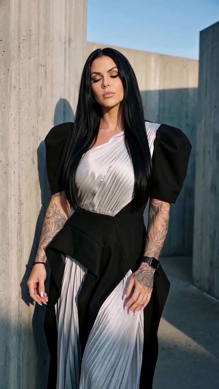 in motion: Black puff-sleeve dress with pleated silver panels