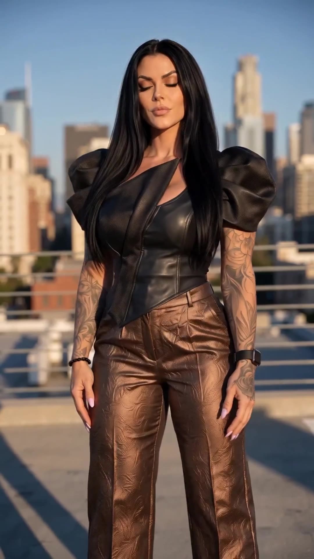 in motion: Leather puff-sleeve top and bronze brocade trousers