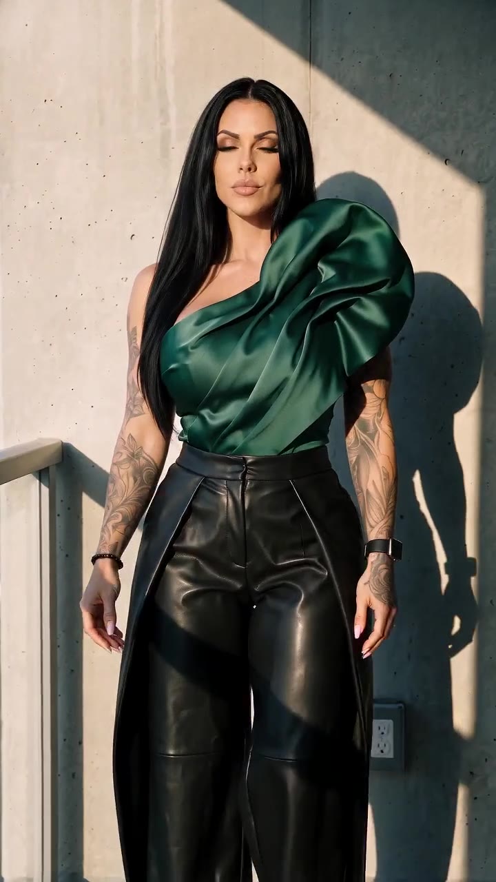 in motion: Emerald satin one-shoulder top and leather wide-leg trousers