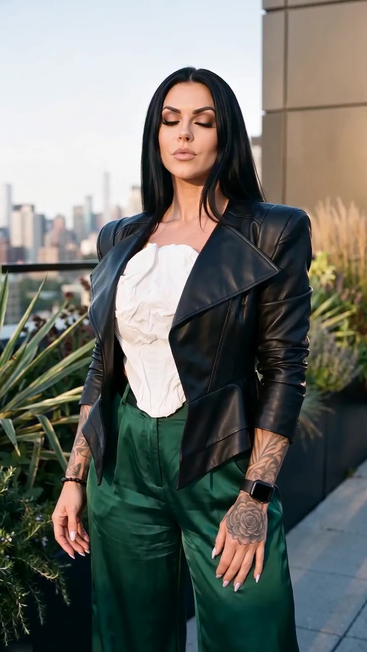 in motion: Leather blazer, white corset and emerald satin trousers