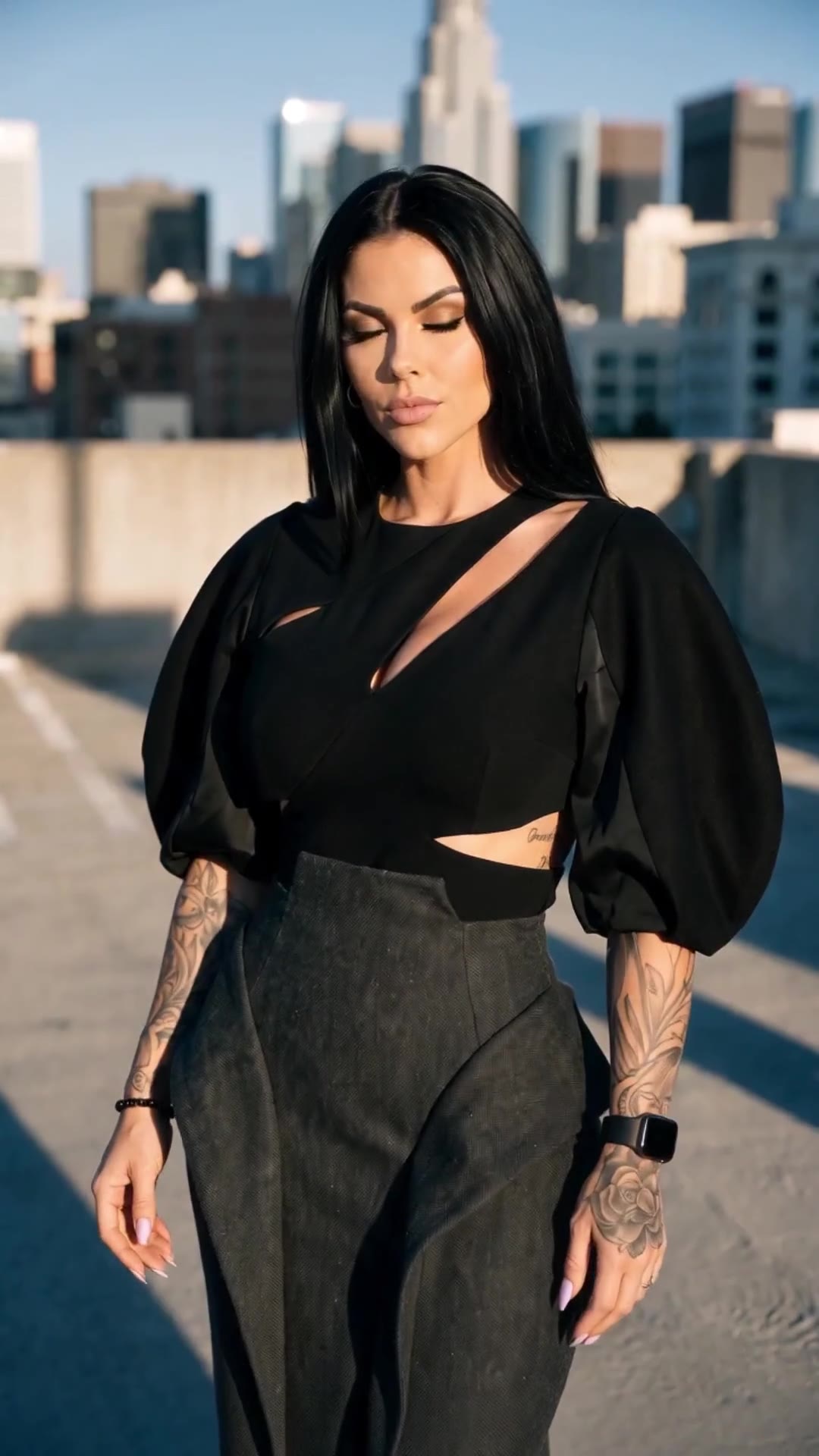 in motion: Black cut-out puff-sleeve top and charcoal tweed skirt