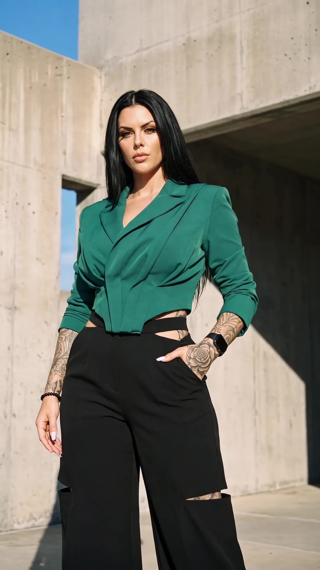 in motion: Emerald cropped blazer and black cut-out wide-leg trousers
