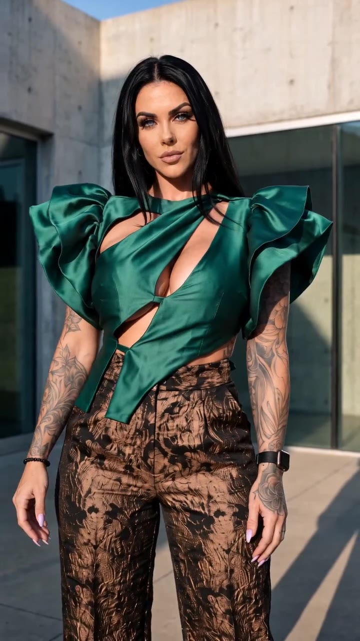 in motion: Emerald ruffle cut-out top with bronze brocade trousers