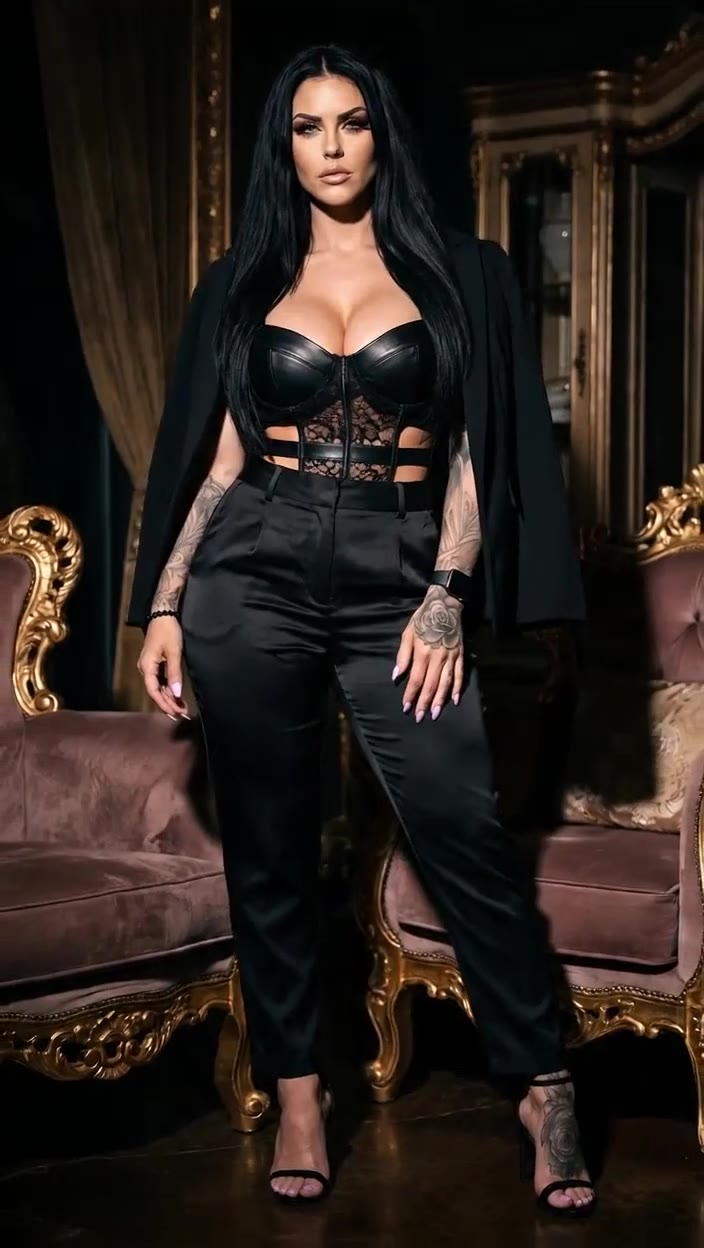 in motion: Leather and lace bustier with satin trousers and blazer