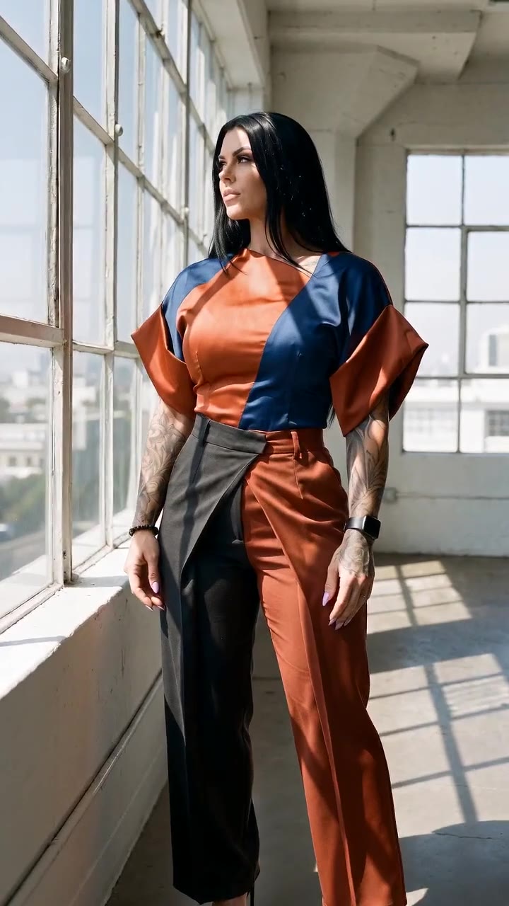 in motion: Colour-block satin top with asymmetric wrap trousers