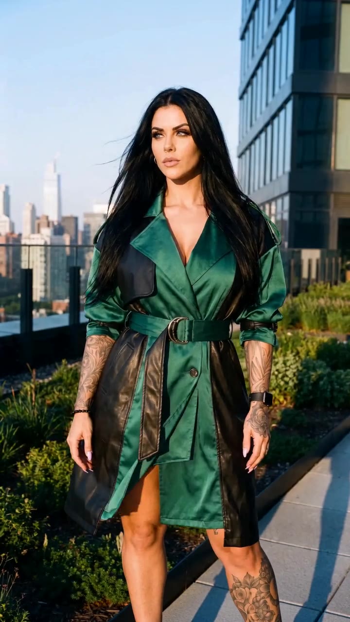 in motion: Emerald satin and black leather trench worn as a dress