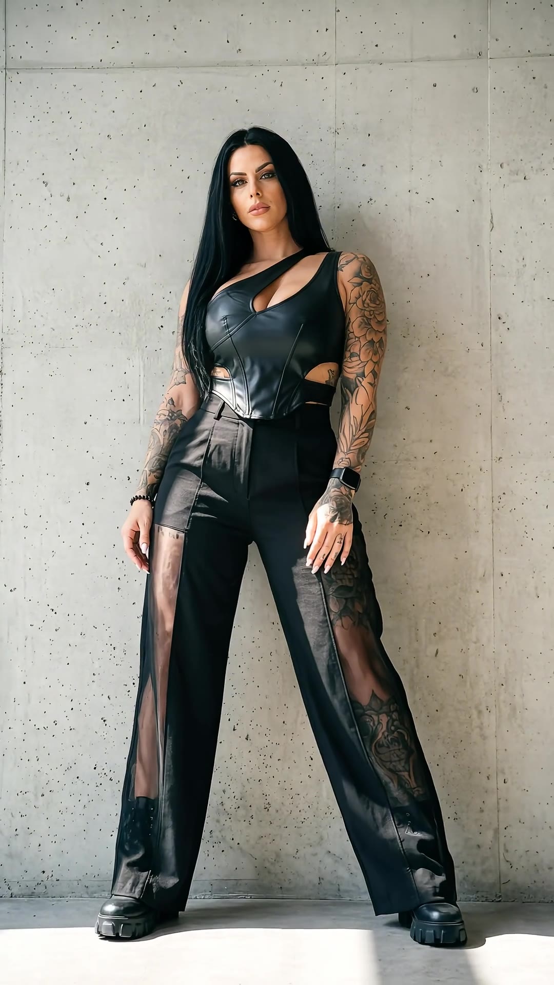 in motion: Leather cut-out corset top and mesh-panel trousers